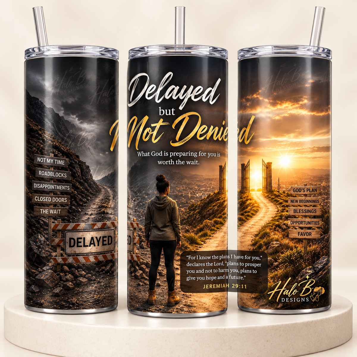 Delayed But Not Denied 20 oz tumbler shown from three angles