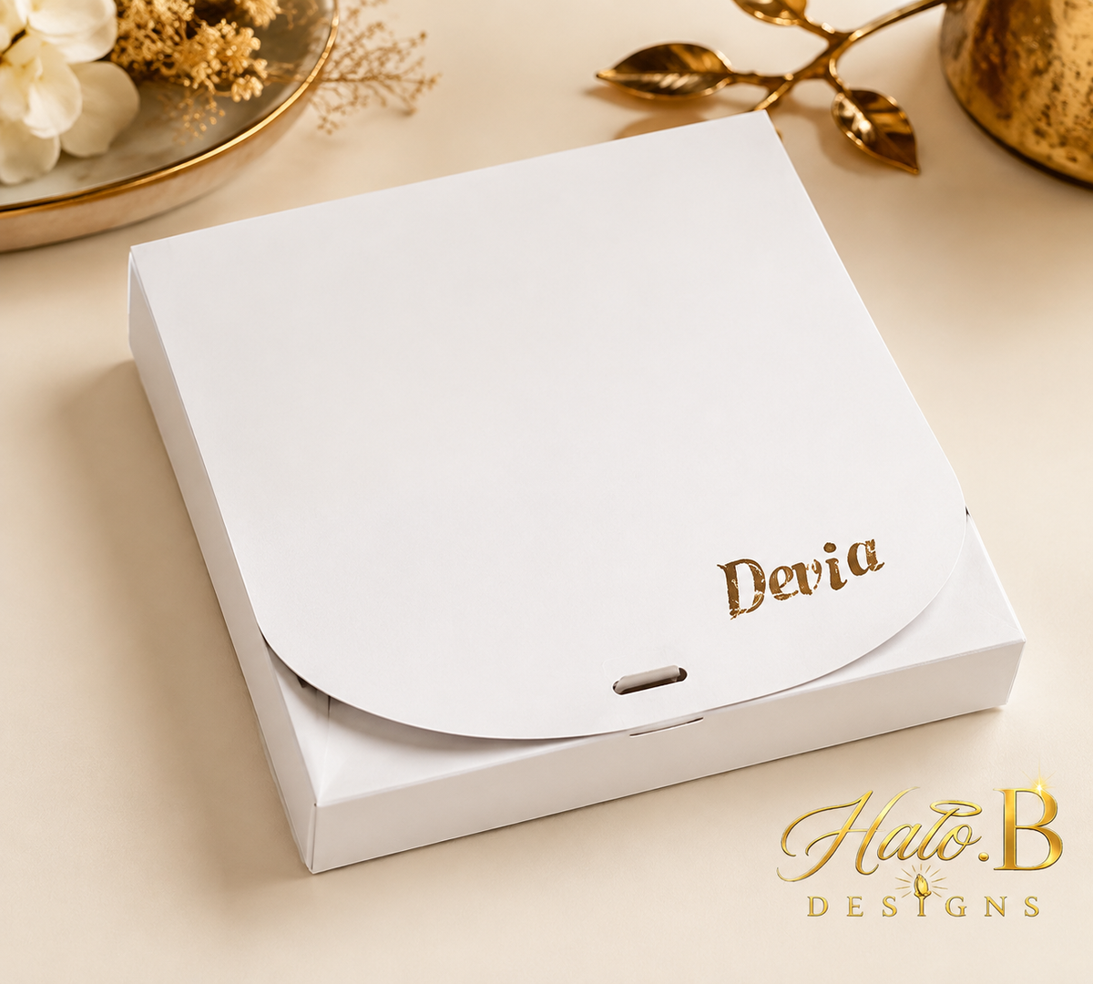 White flat gift box personalized with Devia