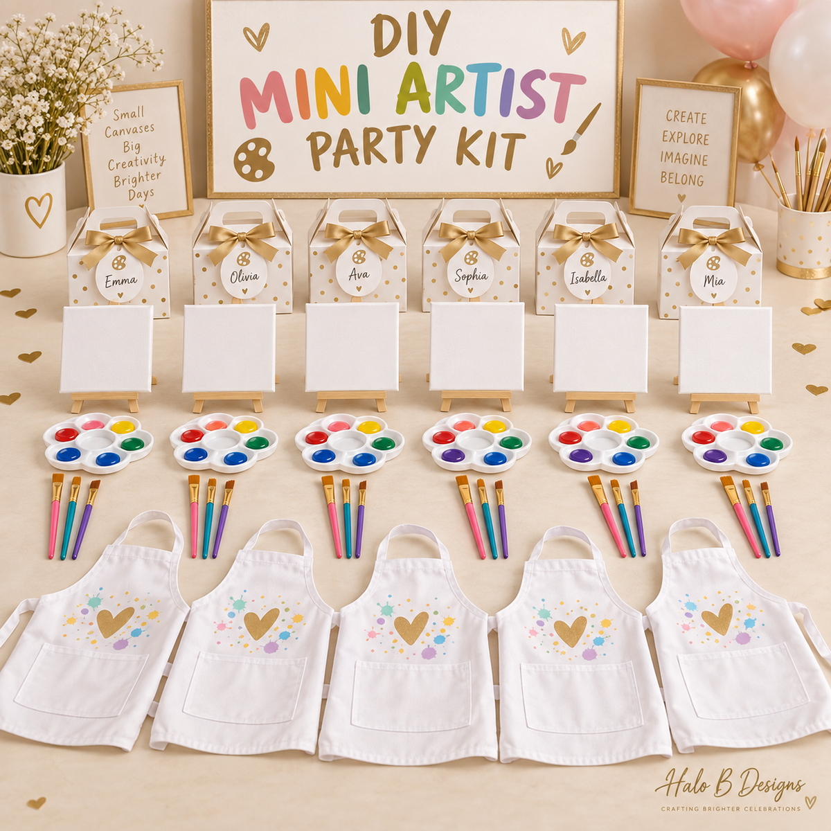 DIY Mini Artist Party Kit with six canvases, paint sets, brushes, aprons and personalized boxes