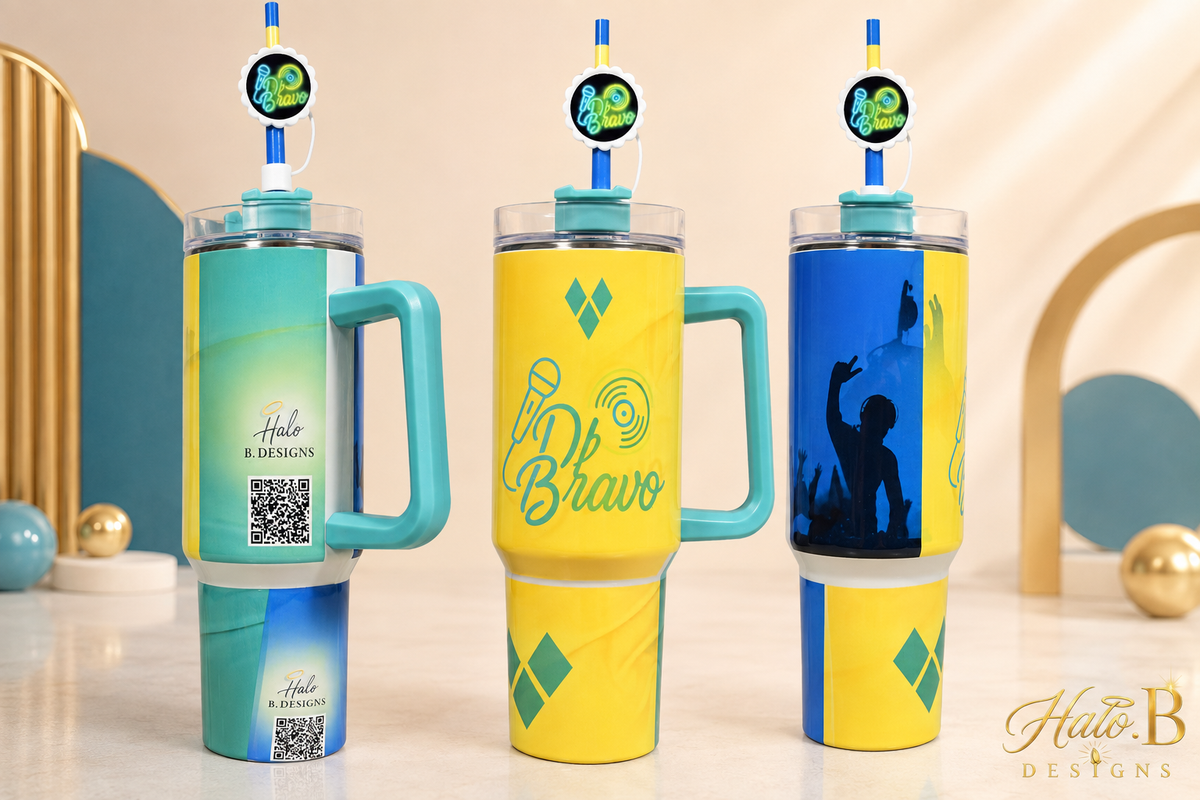 Personalized DJ themed tumbler shown from three angles