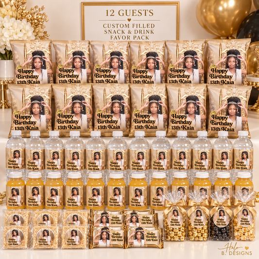 Photo-personalized filled snack and drink favor pack for 12 guests