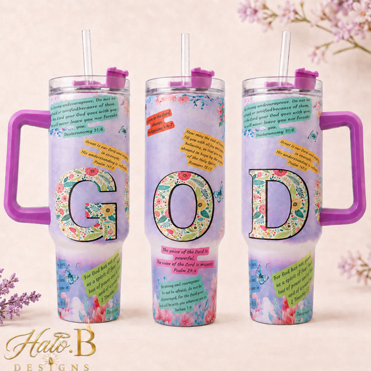Floral scripture handled tumbler spelling GOD