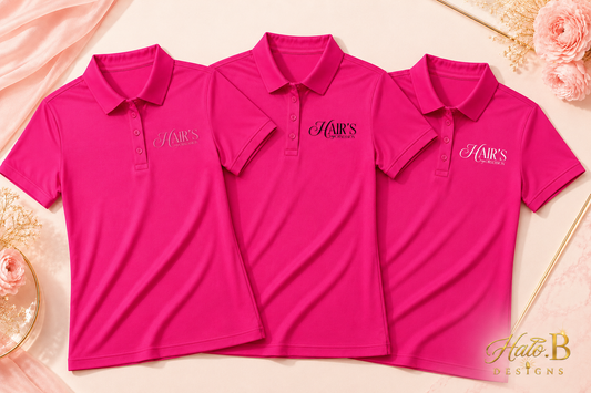 Pink beauty business polos with tonal black and white logo options