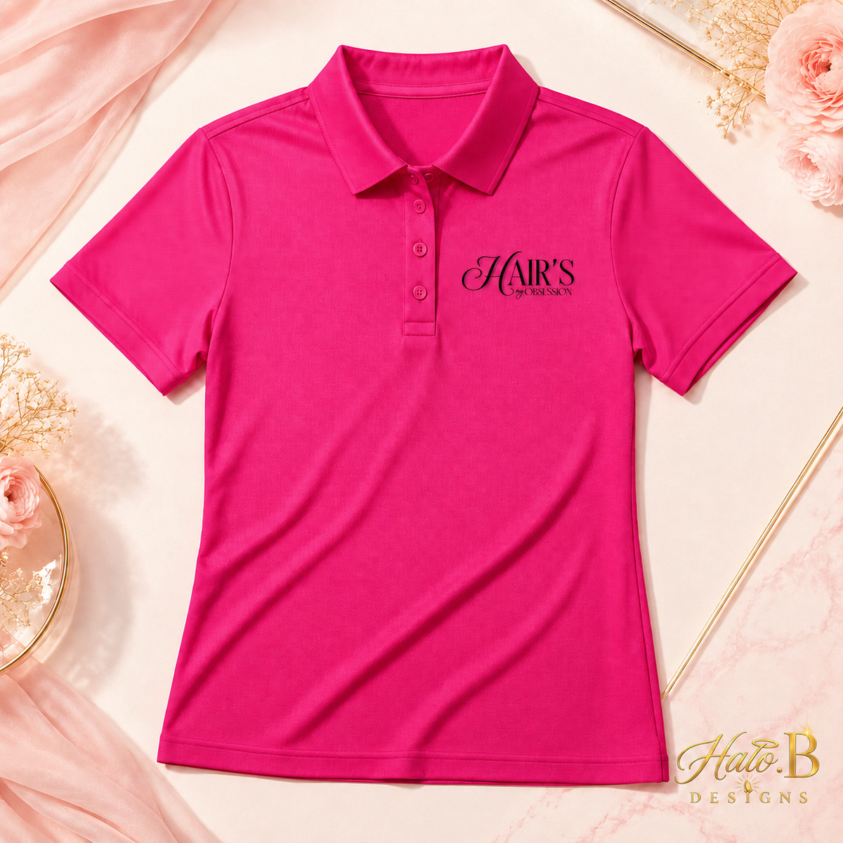 Fuchsia beauty business polo with black logo