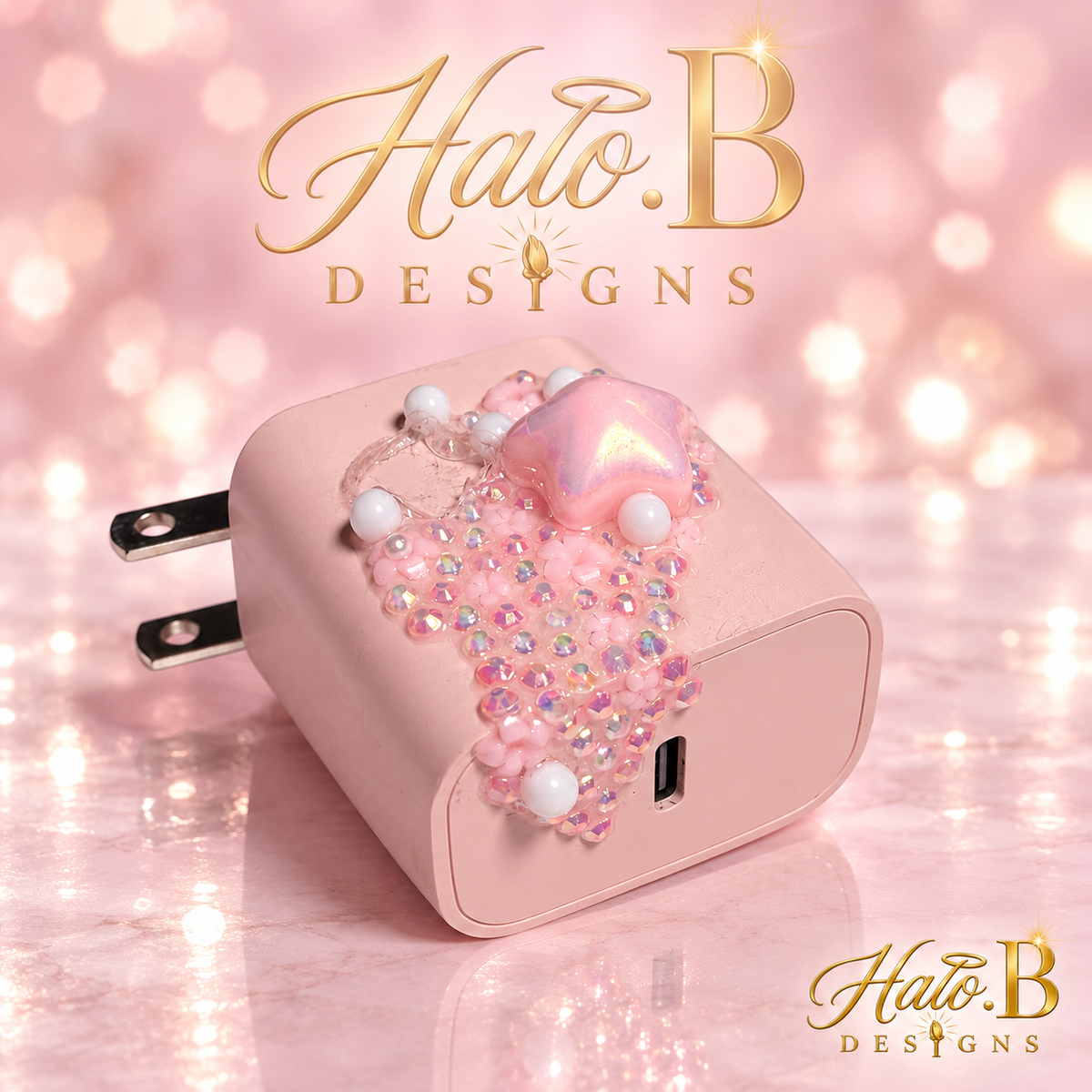 Pink bedazzled Apple-compatible wall charger by Halo B Designs - hero view