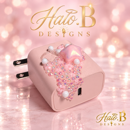Pink bedazzled Apple-compatible wall charger by Halo B Designs - hero view