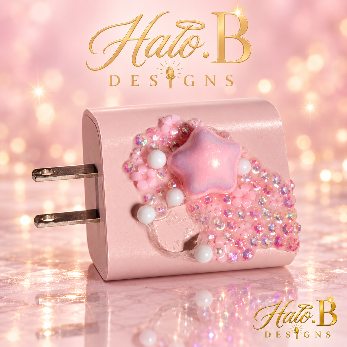 Pink bedazzled Apple-compatible wall charger by Halo B Designs - crystal detail view