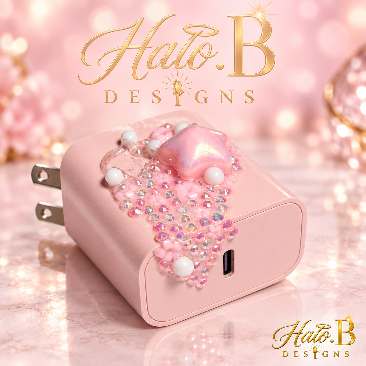 Pink bedazzled Apple-compatible wall charger by Halo B Designs - charging-port view