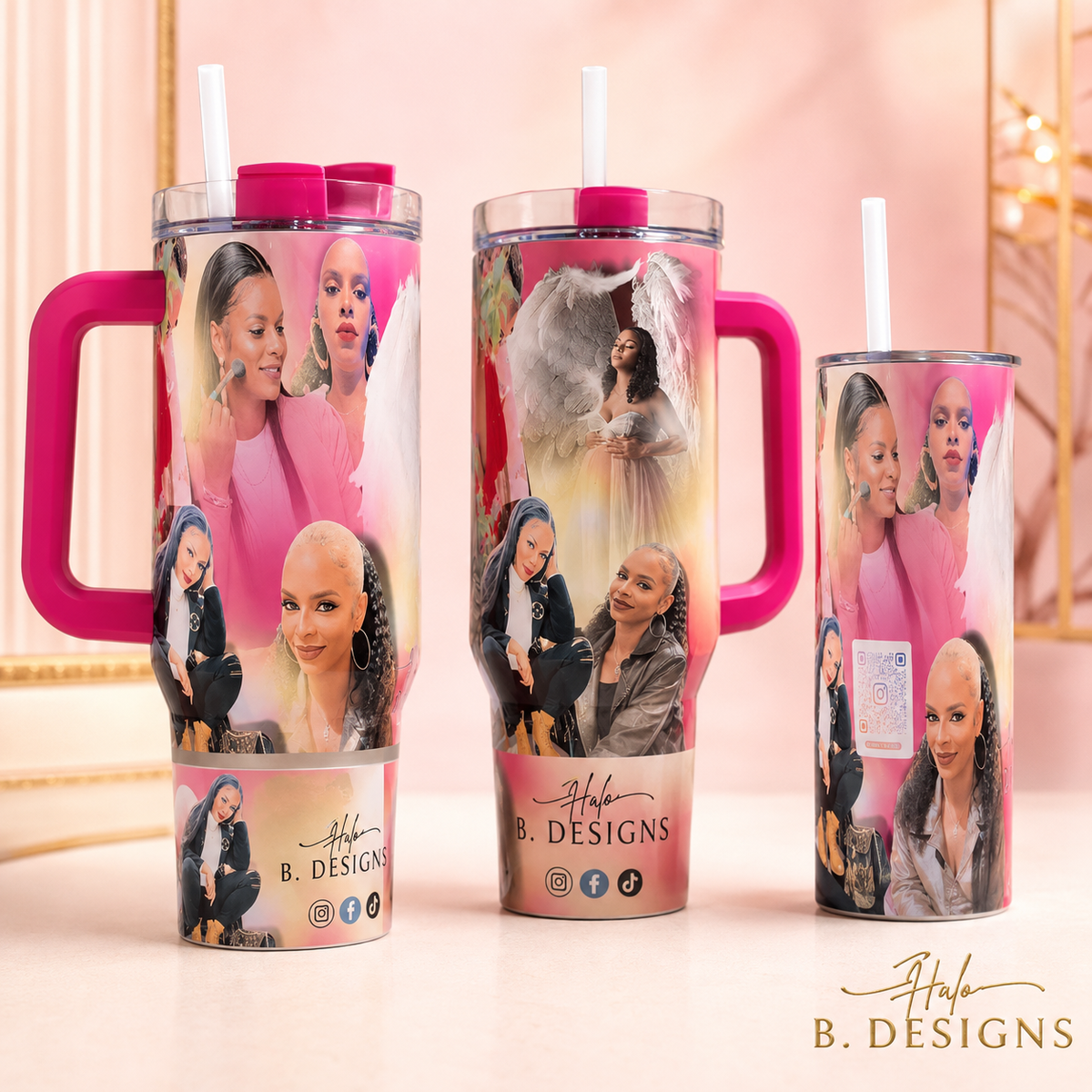 Personalized 20 oz tumbler examples shown from three angles