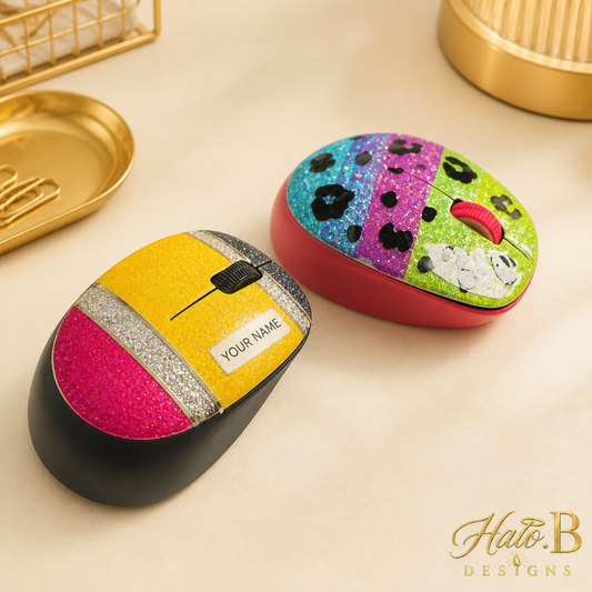 Two handmade glitter-finish wireless mice with colorful customizable designs