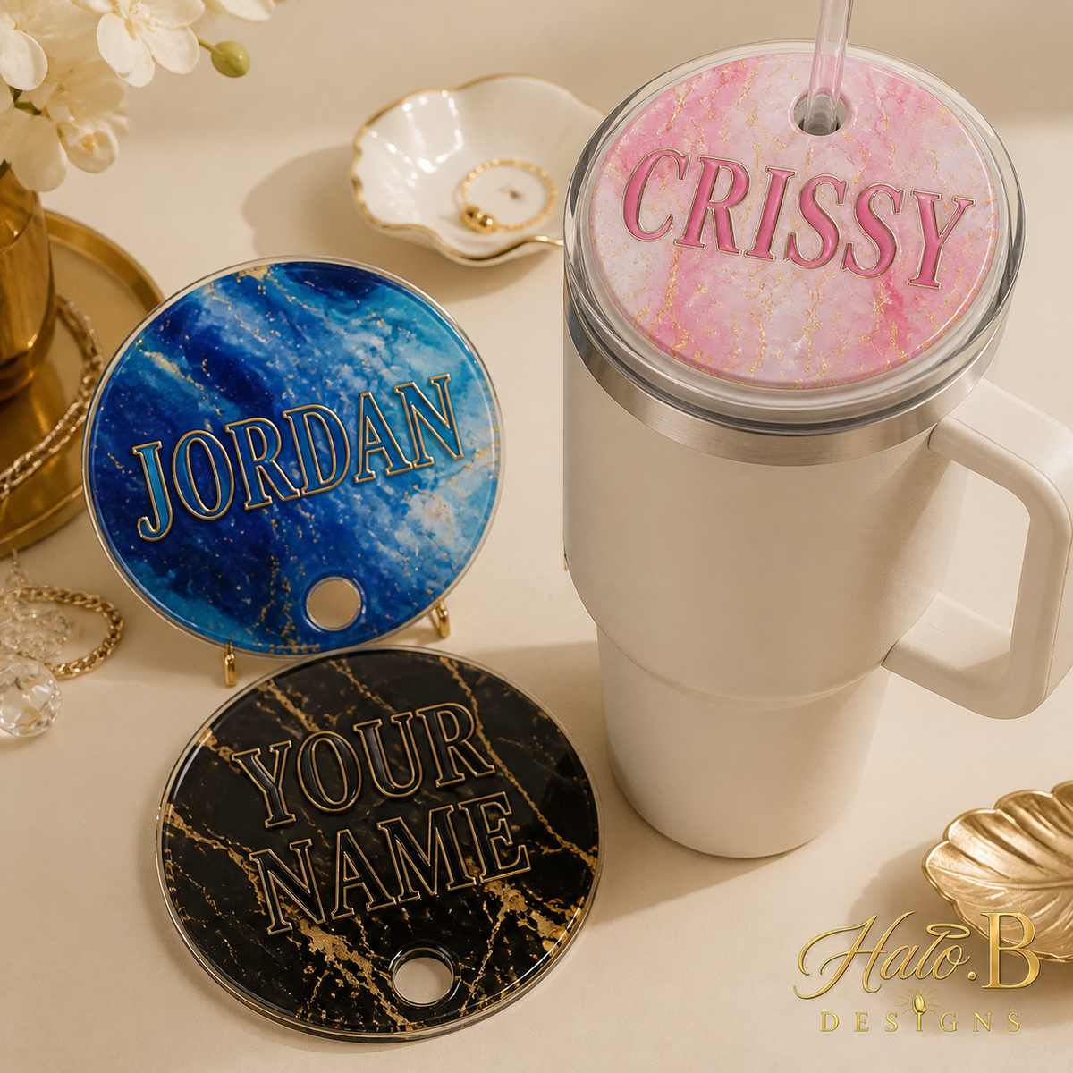 Personalized large round lid toppers for 40oz handled tumblers