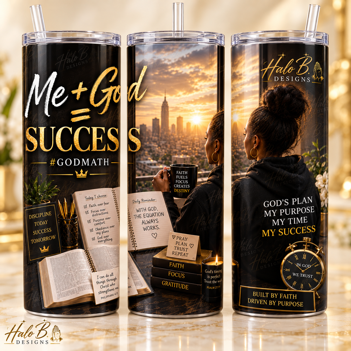 Me plus God equals Success GodMath 20 oz Christian tumbler shown from three angles