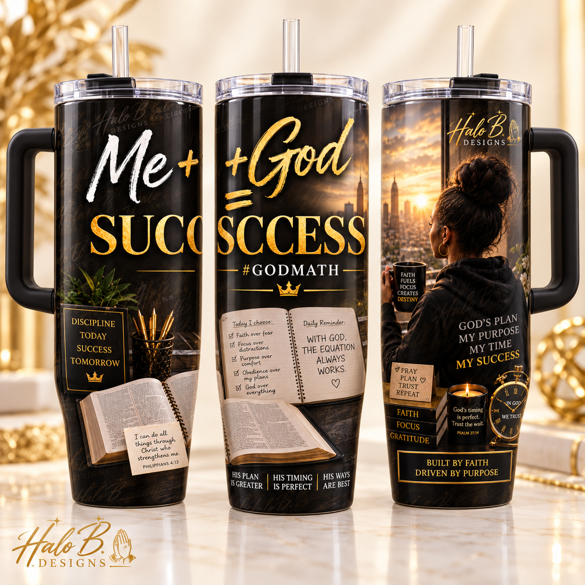 Me plus God equals Success GodMath 40 oz handled Christian tumbler shown from three angles