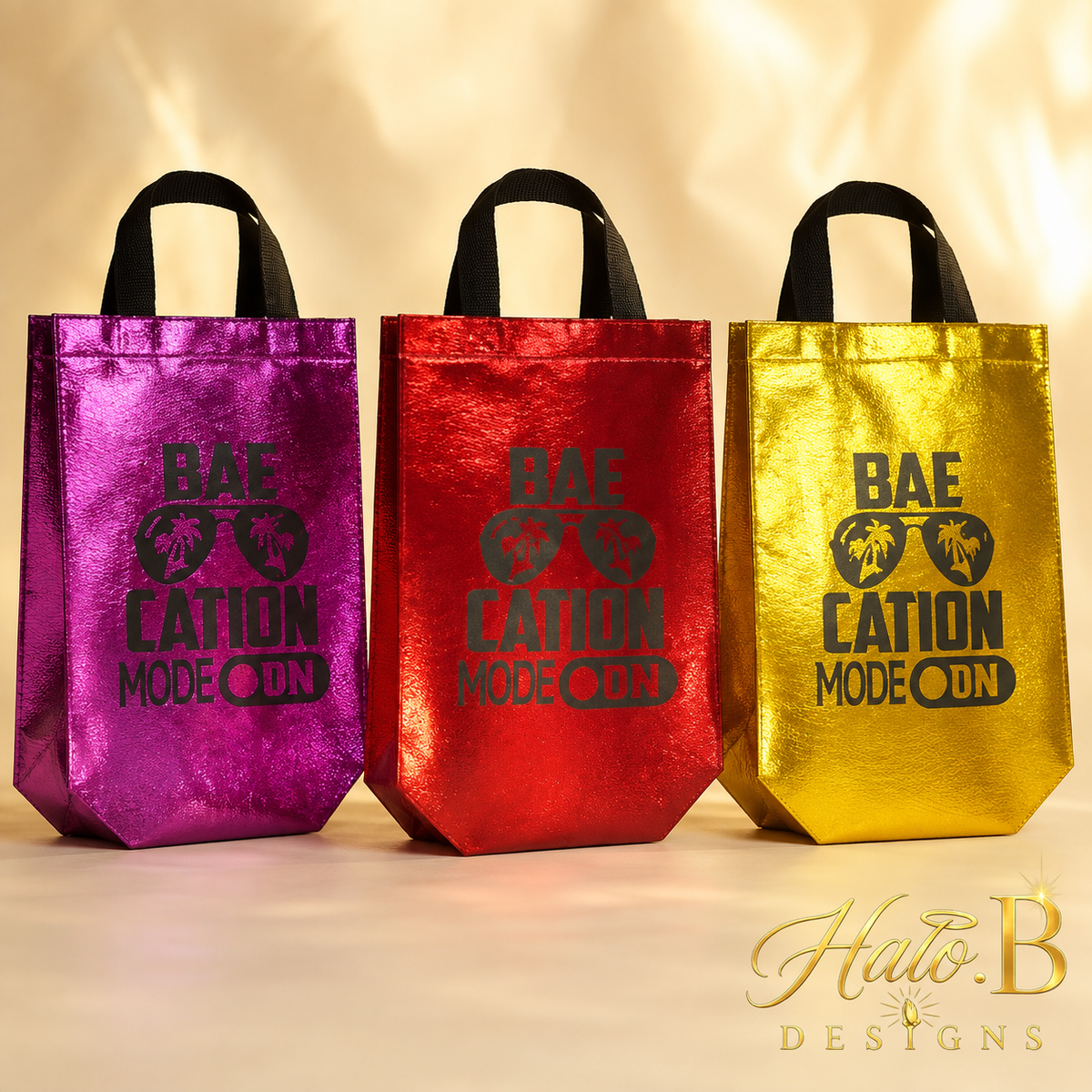 Bae-cation metallic travel gift bags in multiple colours