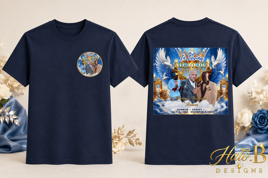 Navy memorial T-shirt with front chest and full back tribute designs