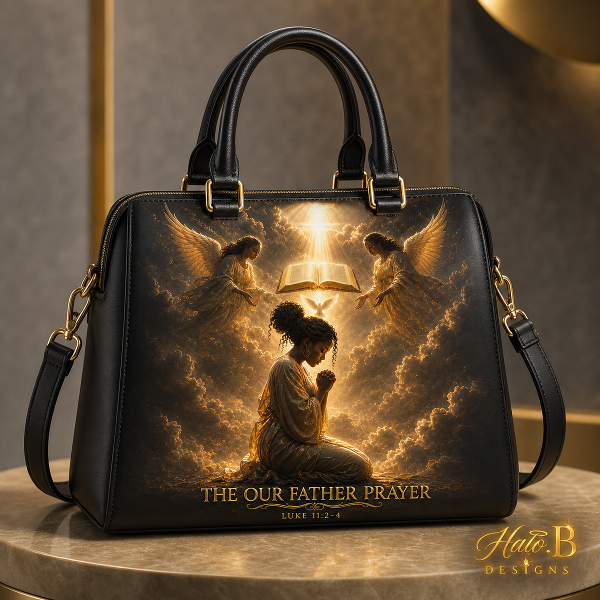 Our Father Prayer Luke 11 black Christian handbag with gold hardware