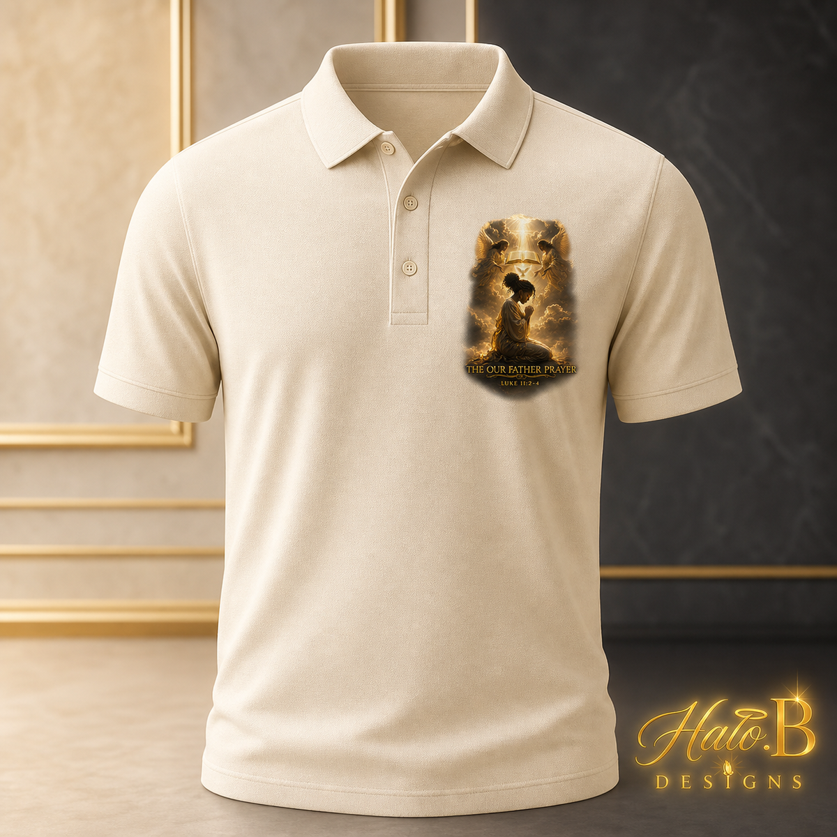 Cream Our Father Prayer Luke 11 Christian polo shirt