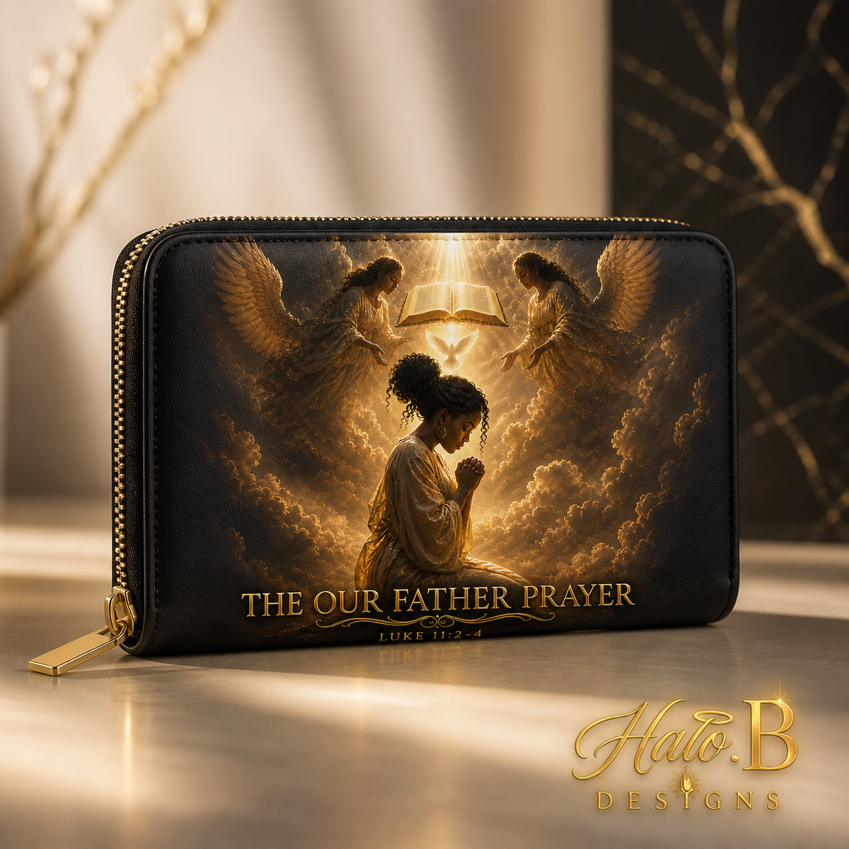 Our Father Prayer Luke 11 black zip-around Christian wallet