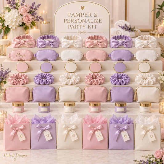 Pamper and Personalize Party Kit arranged for six guests with headbands, sleep masks, mirrors, scrunchies, cosmetic pouches, self-care containers, and favor bags