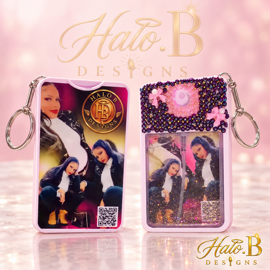 Pink personalized photo spray keychain with purple rhinestones and Halo B Designs branding