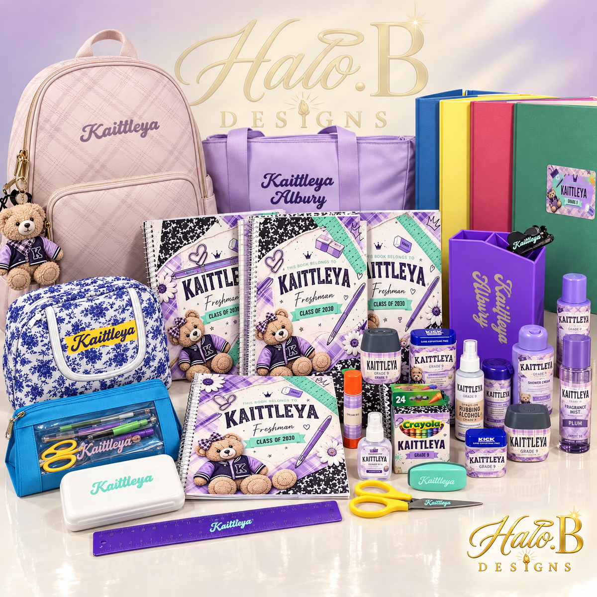 Complete personalized back-to-school supply collection by Halo B Designs