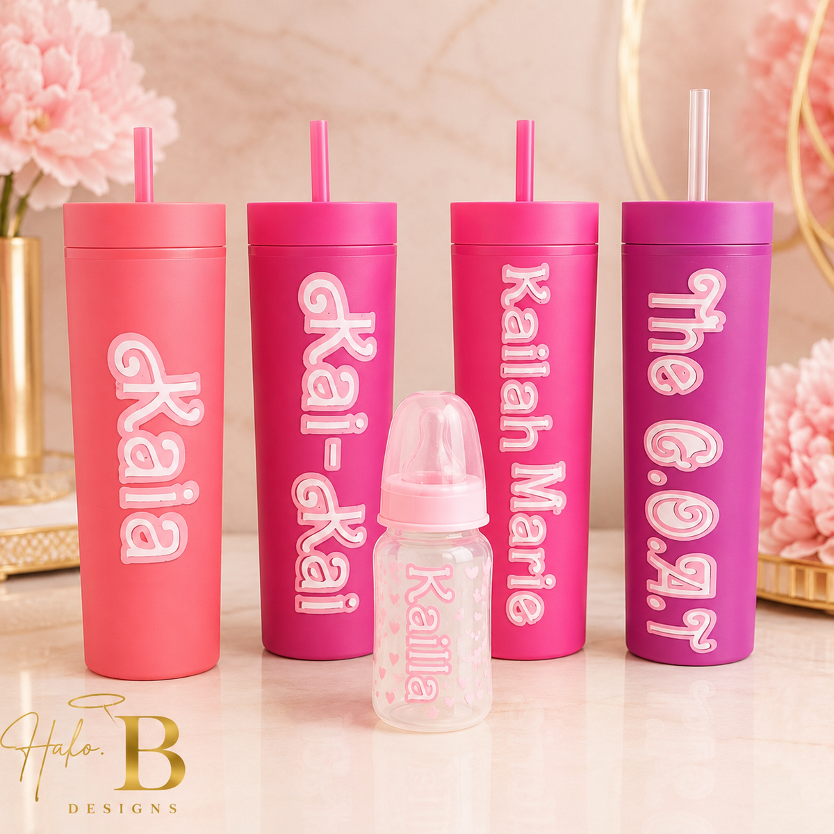 Coordinated personalized family drinkware collection