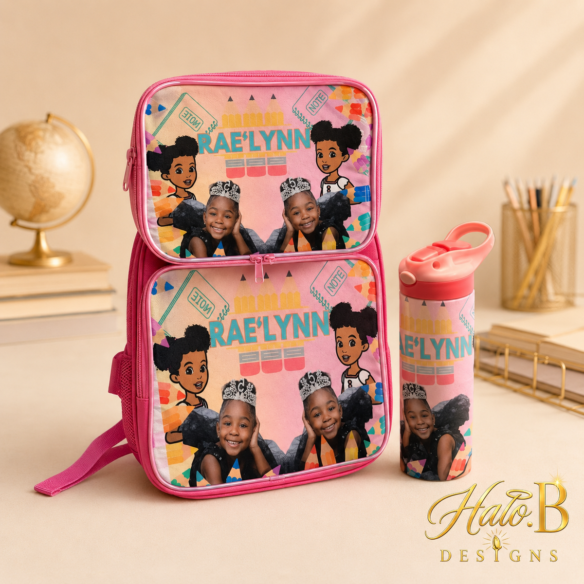 Matching personalized backpack lunch bag and water bottle set
