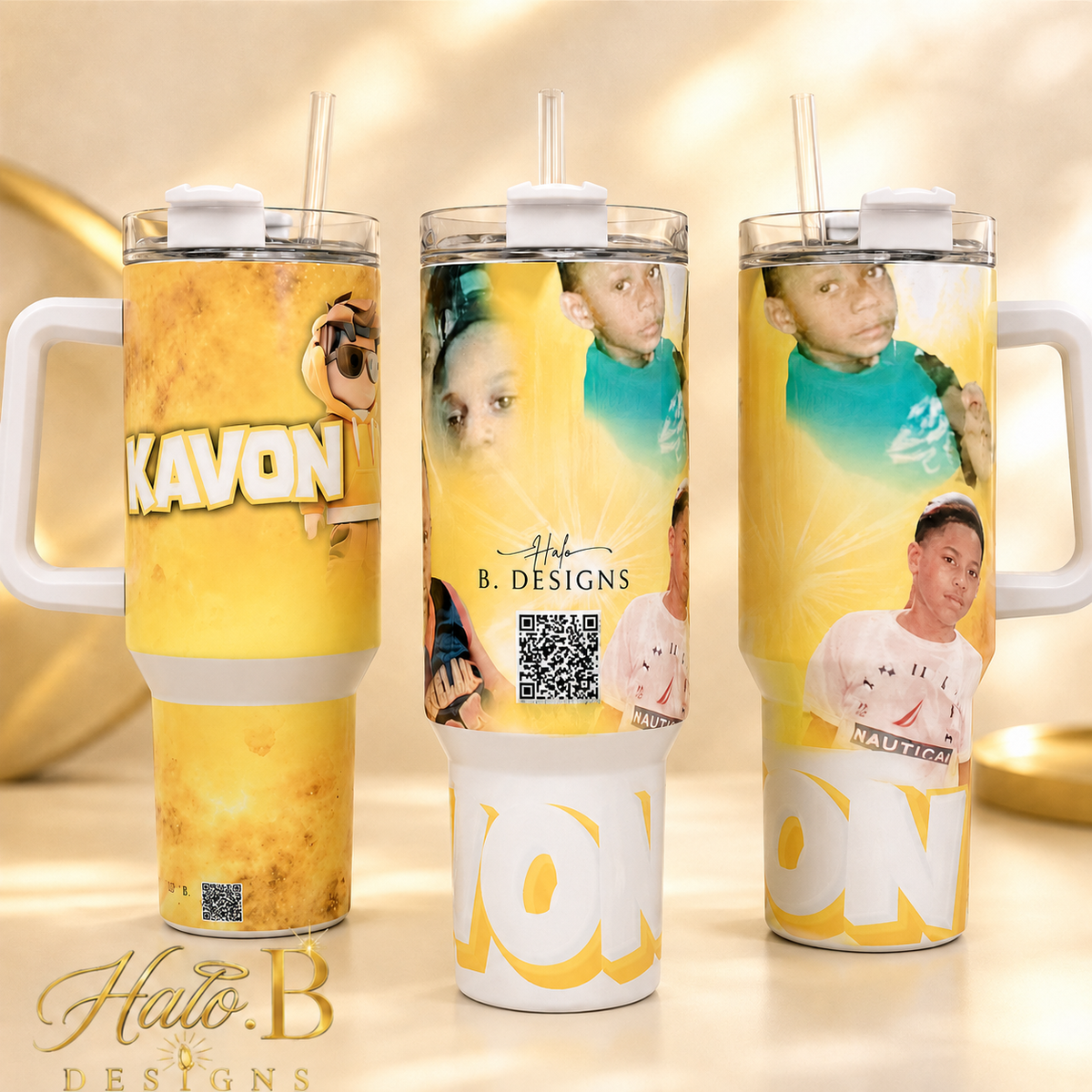 Personalized yellow photo collage handled tumbler shown from three angles
