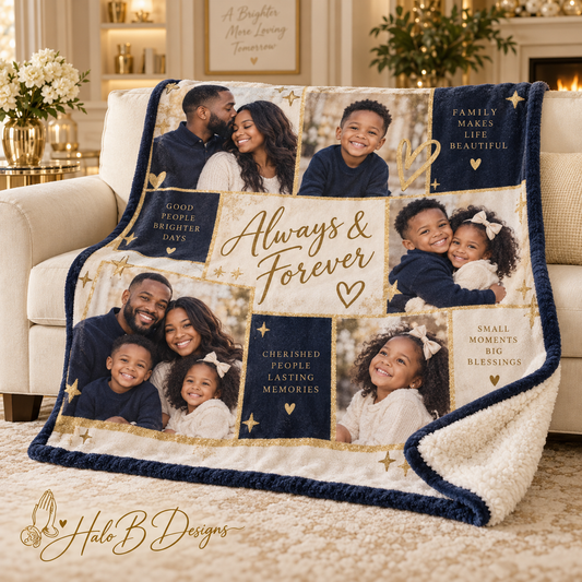 Personalized family photo blanket with Always and Forever design