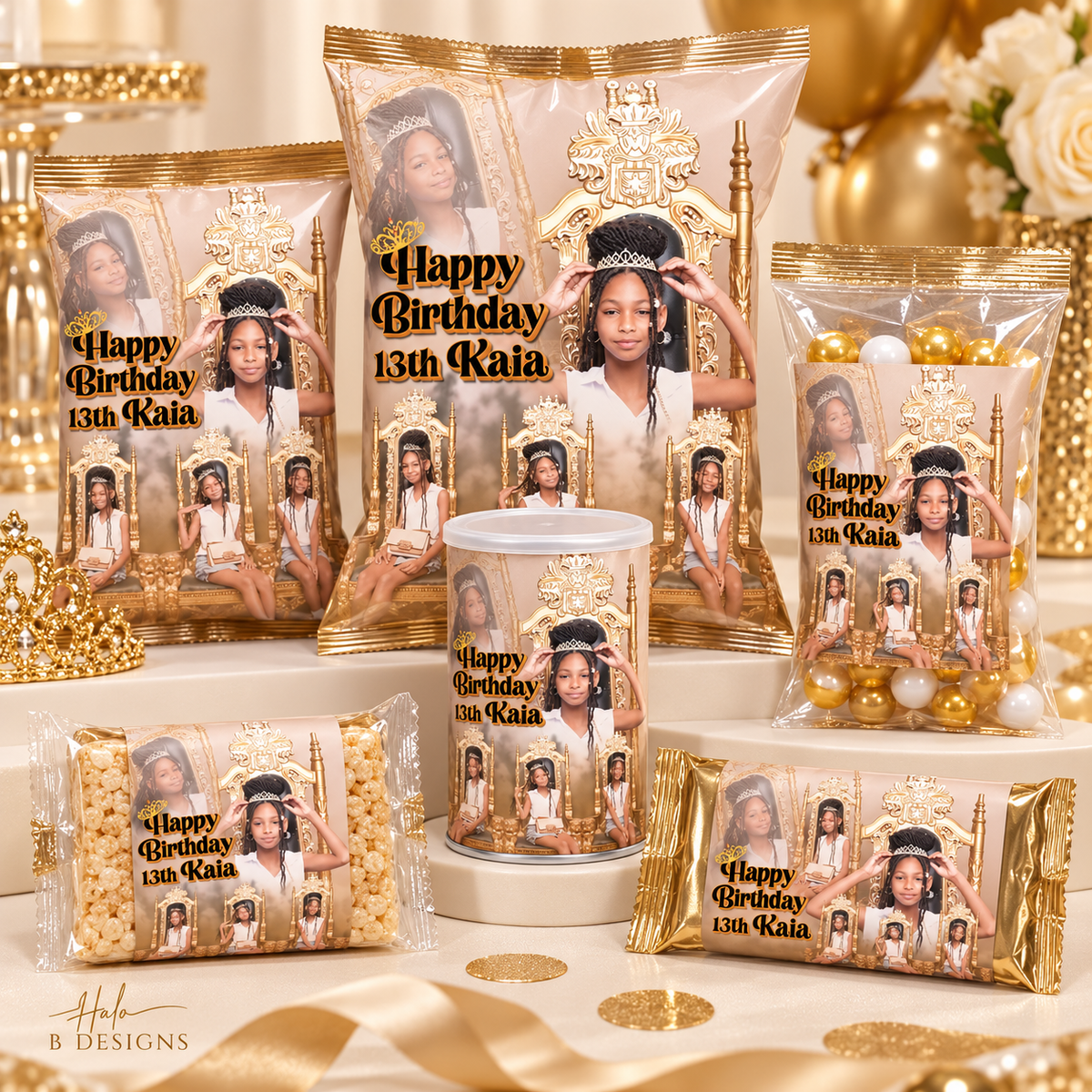 Personalized photo party snack favors featuring Kaia's gold throne birthday theme on six distinct snack packages