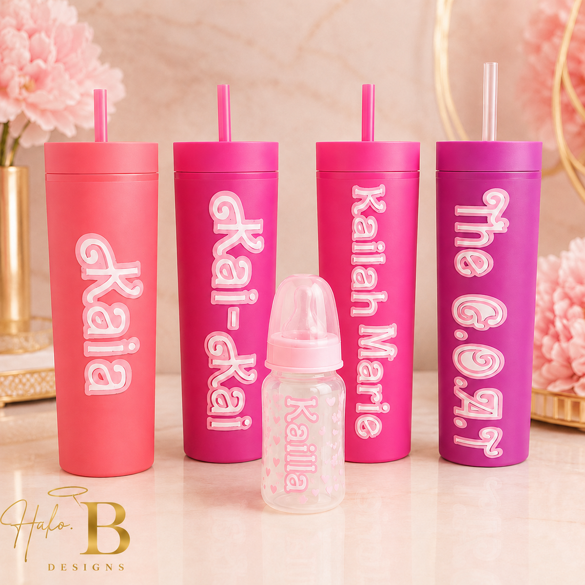 Personalized pink photo travel mug and matching drinkware