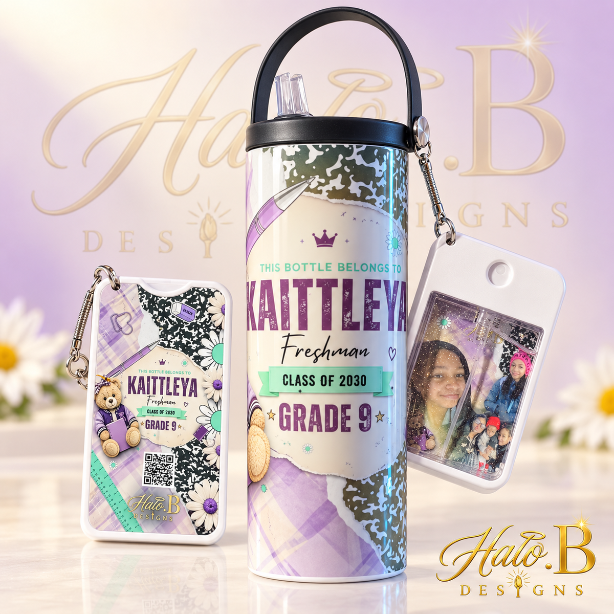 Personalized purple school tumbler and matching photo sanitizer holder by Halo B Designs