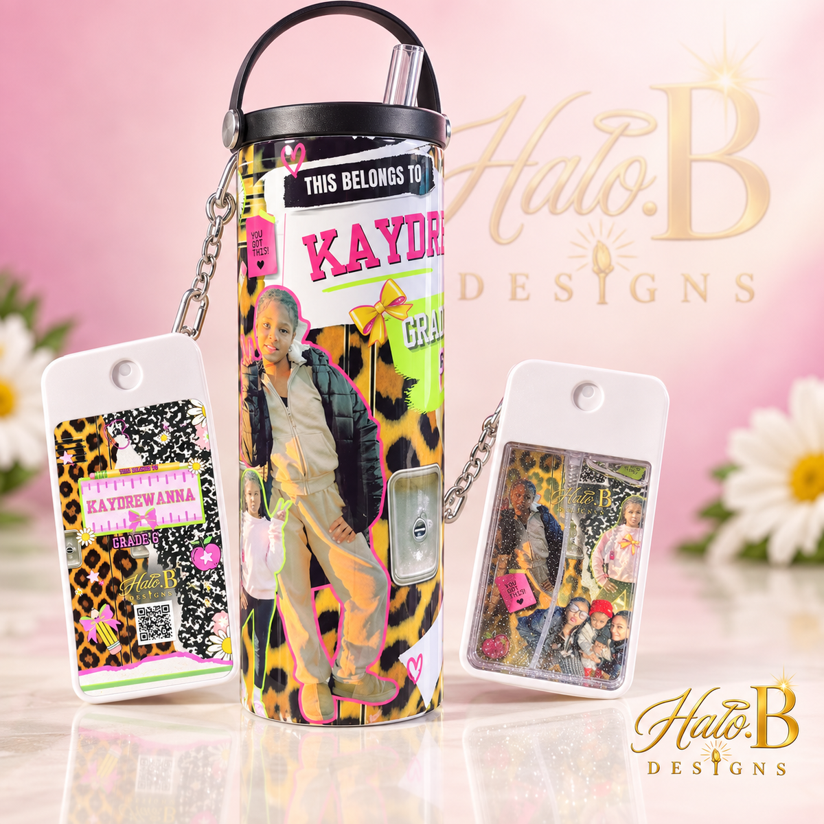 Personalized pink and green school tumbler with matching photo sanitizer holder by Halo B Designs