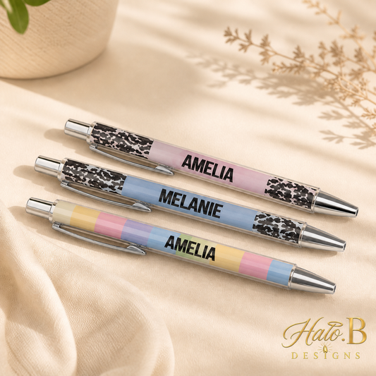 Personalized text-printed pens with new gold Halo B Designs watermark