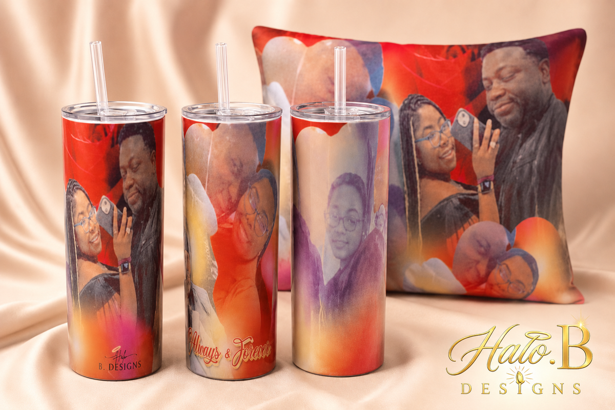Personalized photo pillow and tumbler gift set