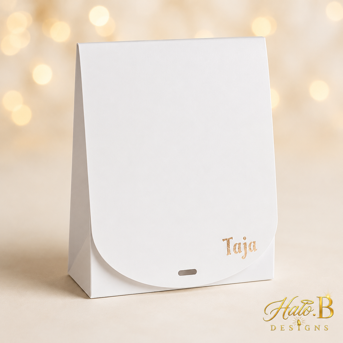 White flat gift box personalized with Taja