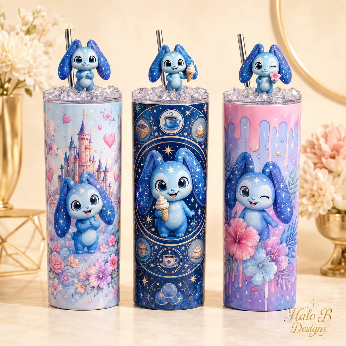 Playful blue character themed tumbler trio