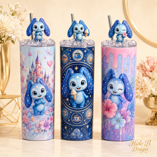 Playful blue character themed tumbler trio