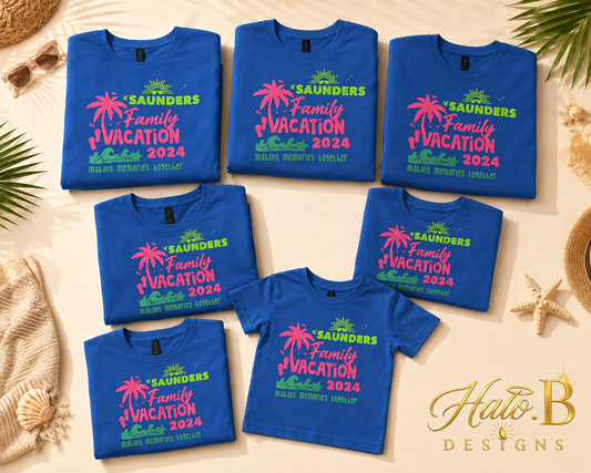 Matching royal blue family vacation shirts in adult and child sizes