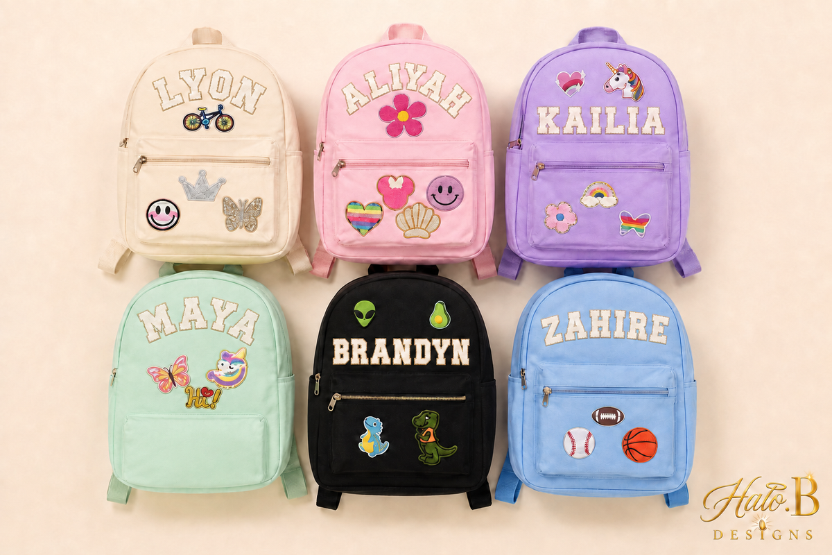 Six personalized backpacks with mint front pockets