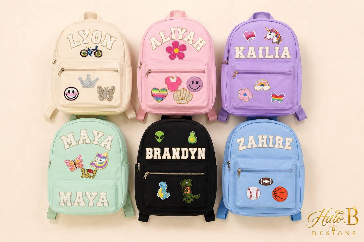 Six pastel personalized kids backpacks with custom names