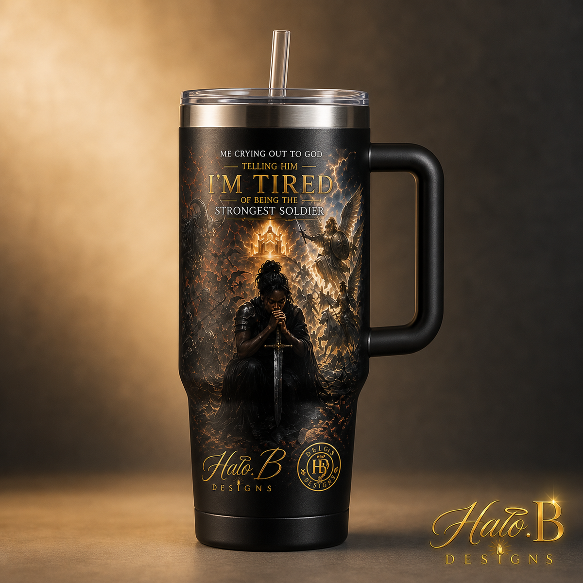 Strongest Soldier 40 oz handled Christian tumbler with straw