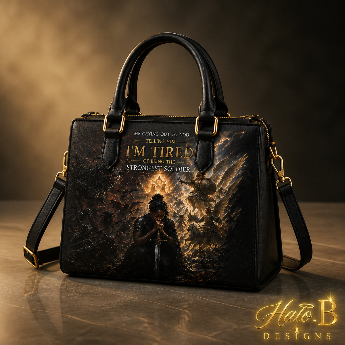 Black Strongest Soldier Christian handbag with gold hardware