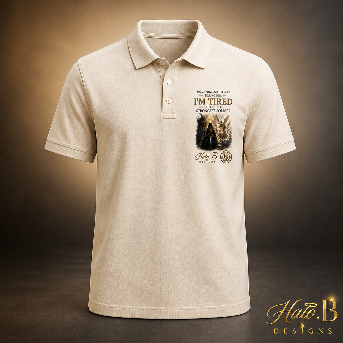 Cream Strongest Soldier Christian polo shirt with left chest graphic