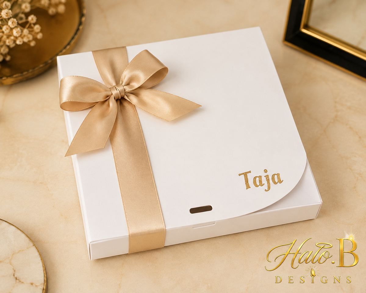 Taja personalized gift box with champagne gold ribbon
