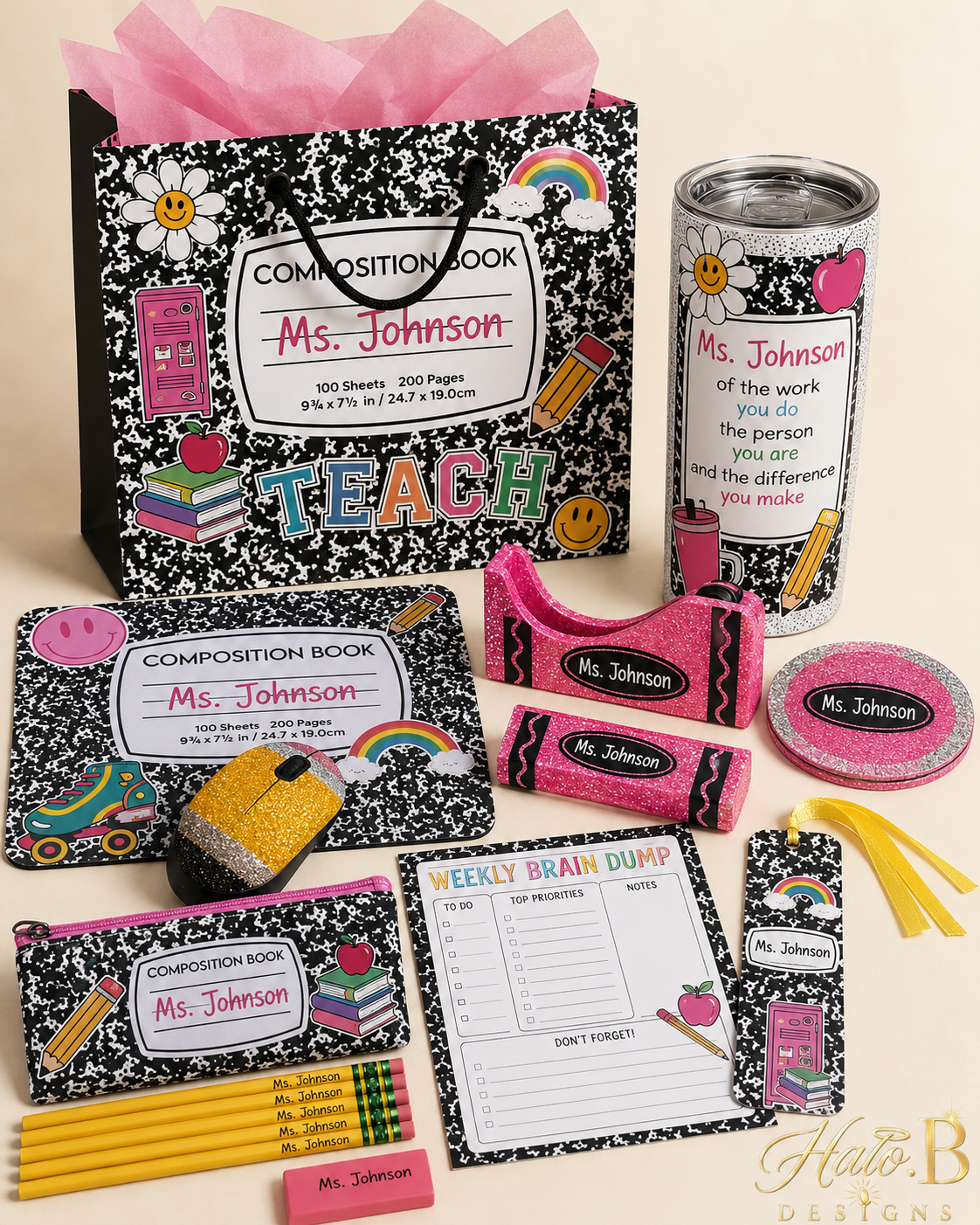 Pink personalized teacher appreciation gift set