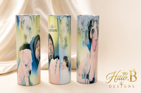 Personalized family photo tumbler shown from three angles