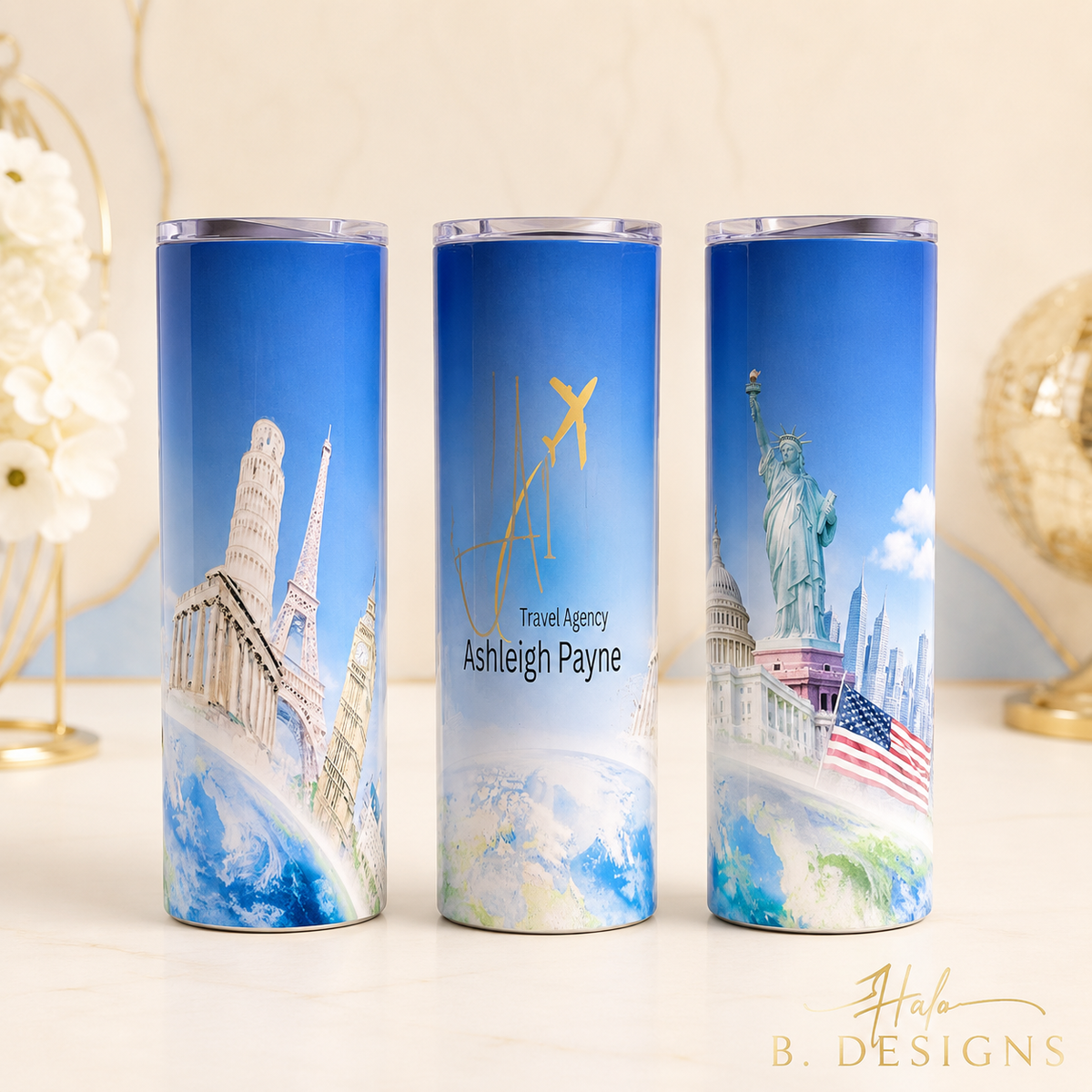 Three personalized travel name tumblers