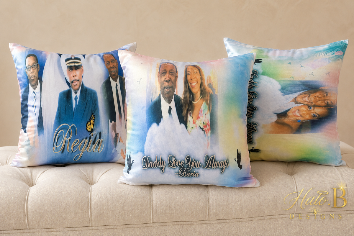 Three personalized satin memorial pillows displayed together