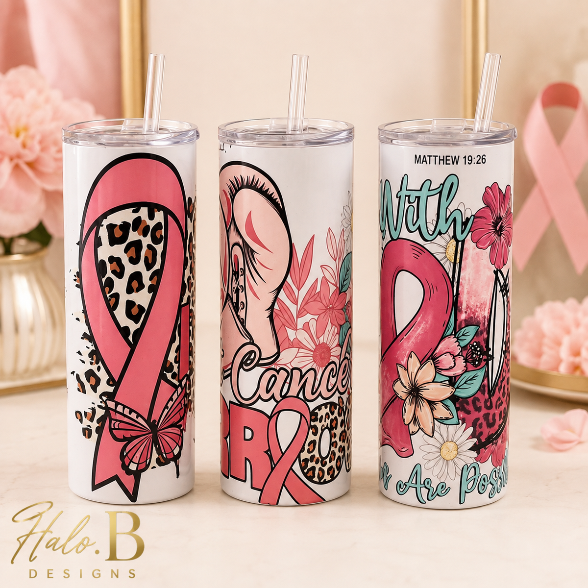 Pink ribbon awareness tumblers displayed together